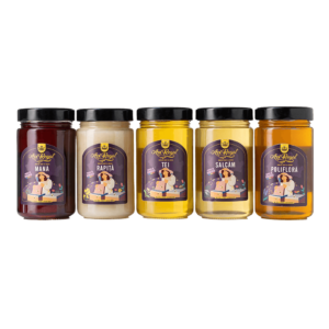Pachet promoțional miere de mană, miere de salcâm, miere de tei, miere polifloră, miere de rapiță: 5 borcane a câte 435g fiecare
